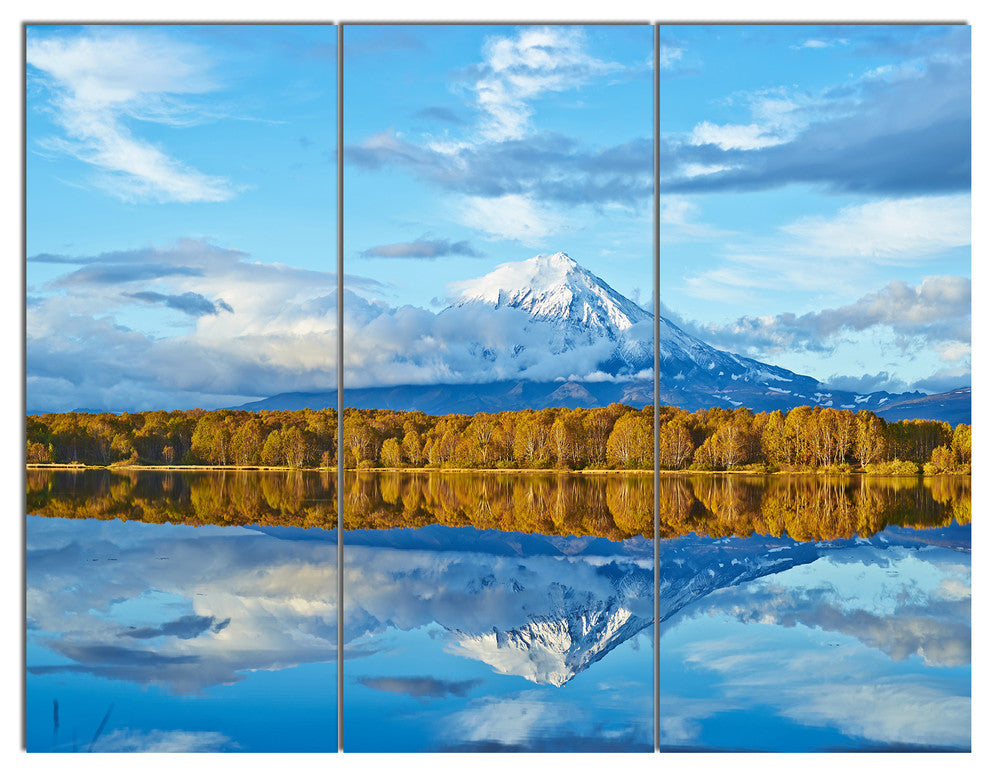 Ancient Volcano and Lake Panorama, Landscape Canvas Wall Art, 36x28, 3 Panels
