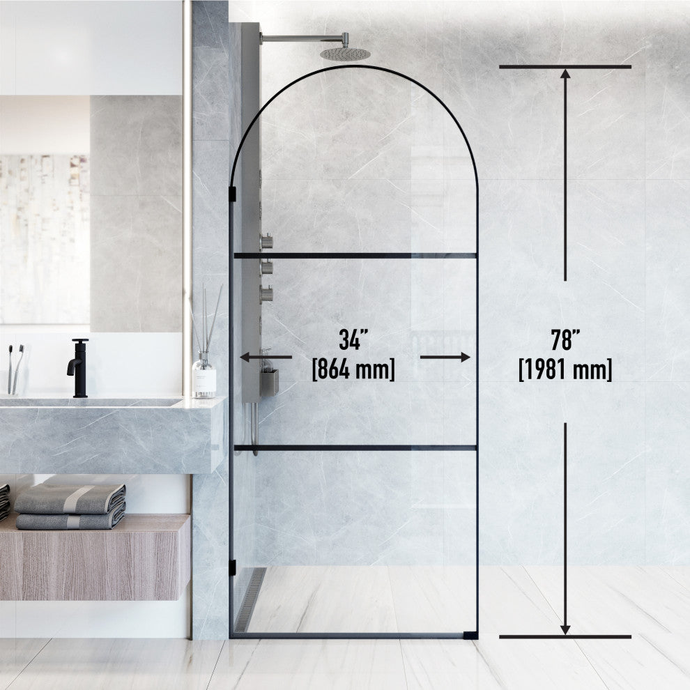 VIGO Arden 34" W x 78" H Framed Fixed Shower Screen, Semi Grid, Clear Glass, Matte Black