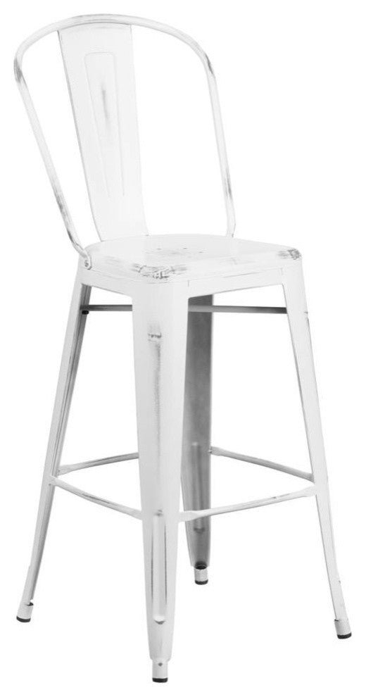 Commercial Grade 30"High Distressed White Metal Indoor-Outdoor Barstool, Back
