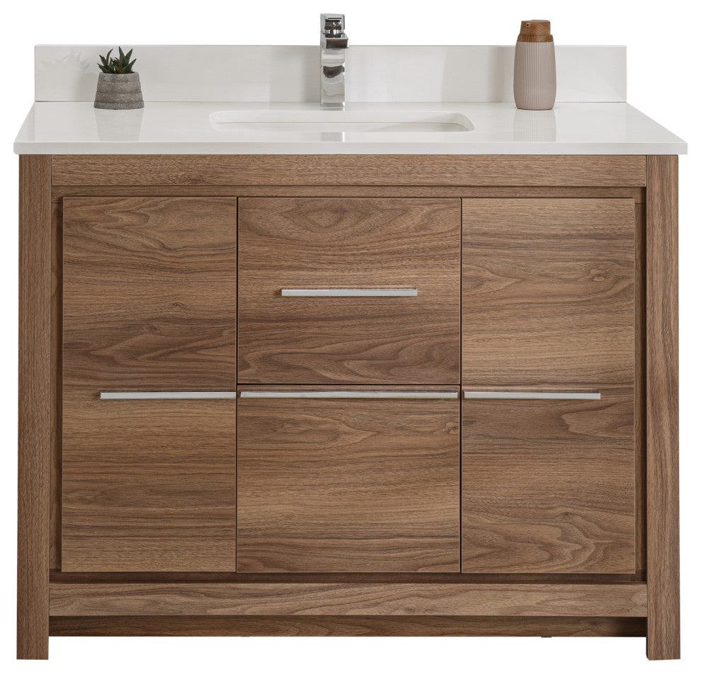 Mila Collection 42" Bathroom Vanity With Sink, Mirror, Countertop, Walnut Brown
