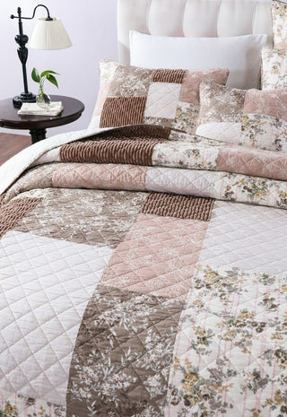 Bohemian Patchwork Dusty Rose Pink & Chocolate Brown Floral Bedspread Set, Twin