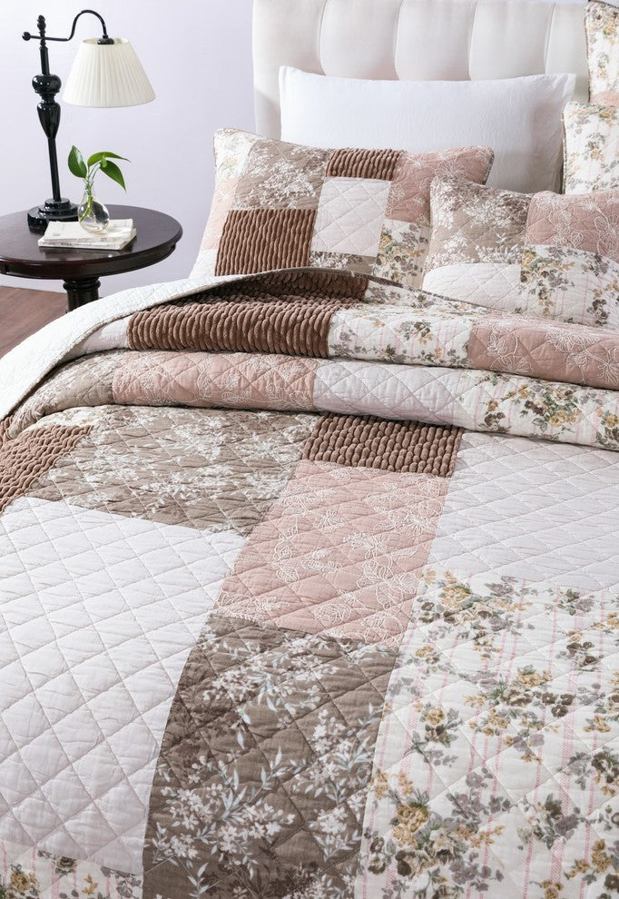 Bohemian Patchwork Dusty Rose Pink & Chocolate Brown Floral Bedspread Set, Twin