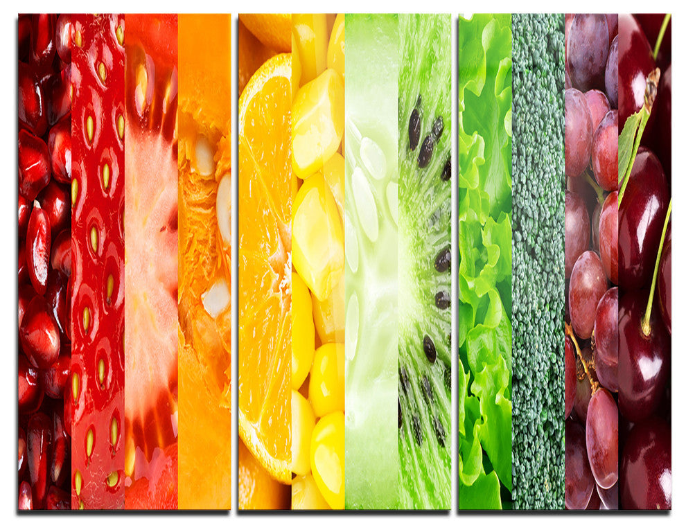 "Fruits, Berries and Vegie Collage" Metal Wall Art, 3 Panels, 36"x28"