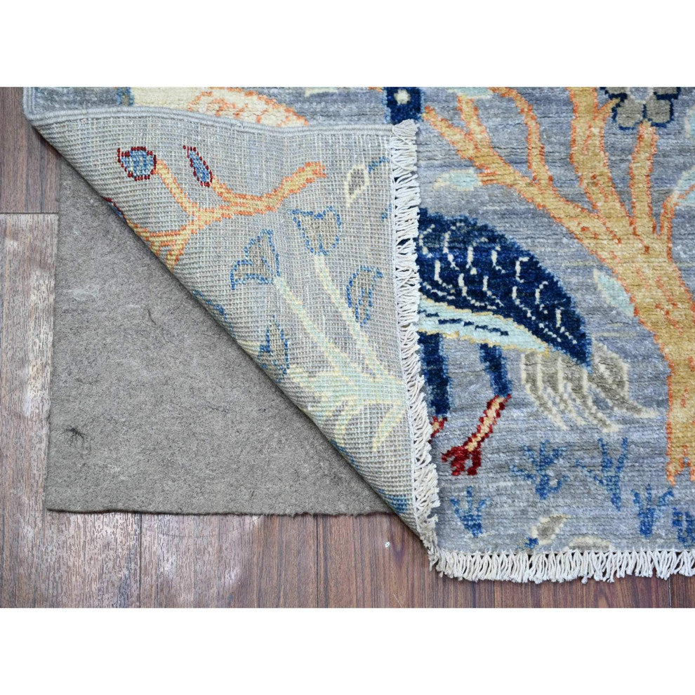 Gray Wool Afghan Peshawar Birds of Paradise Hand Knotted Runner Rug, 2'9"x9'8"
