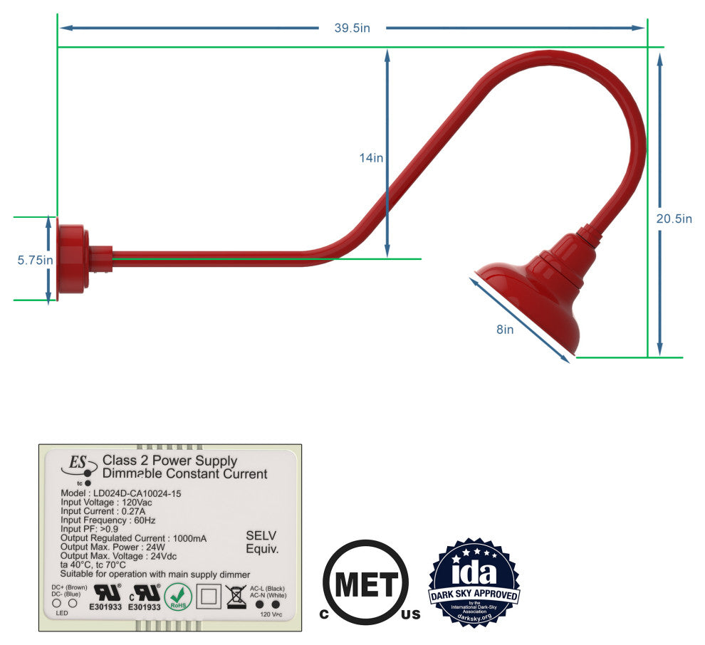 Gooseneck Barn Light With Urban Arm, Red, 8"
