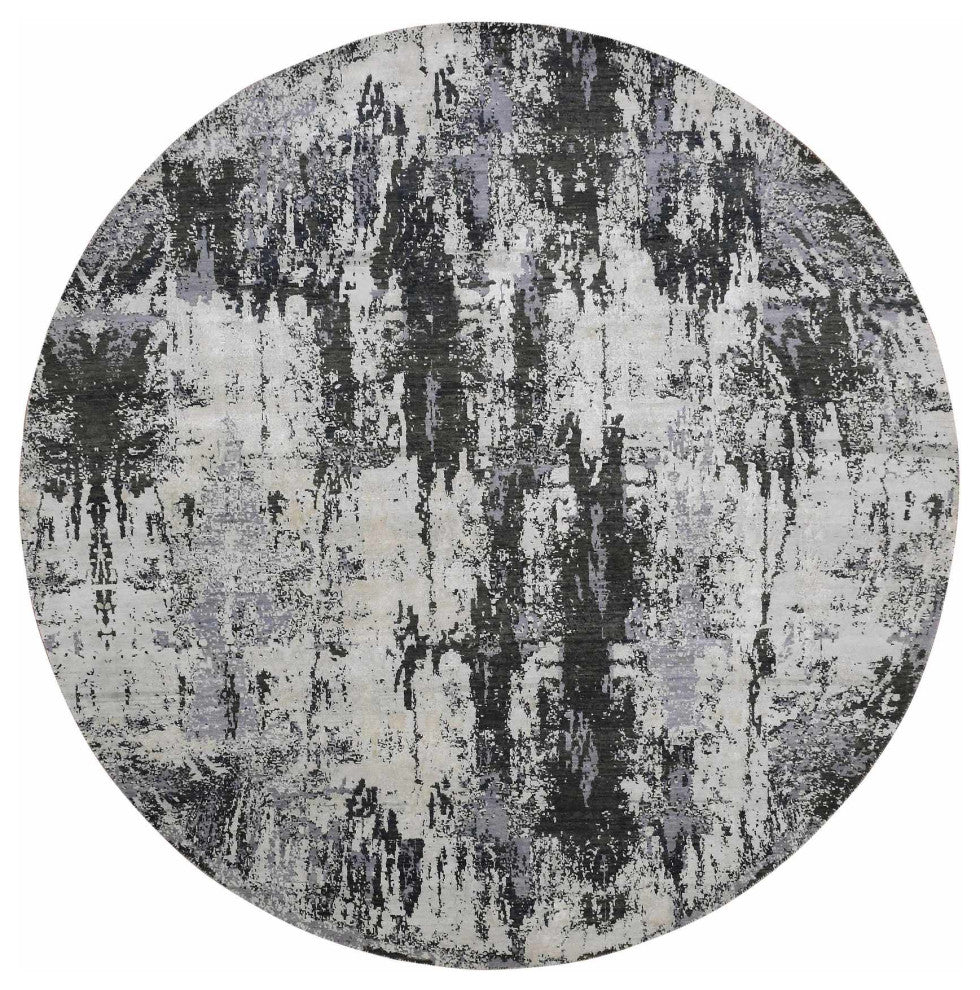 Charcoal Gray Wool and Silk Denser Weave Hand Knotted Round Rug, 8'2"x8'2"