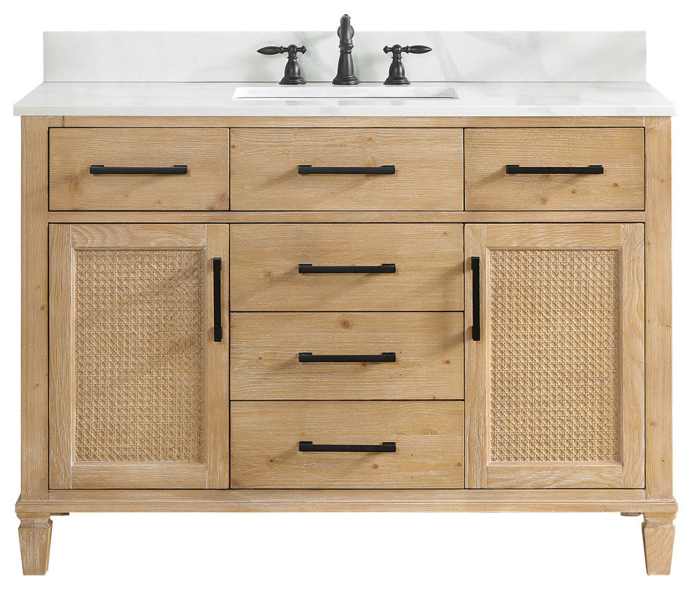 Solana Bathroom Vanity with Calacatta White Quartz Stone Countertop, Weathered Fir, 48", Without Mirror