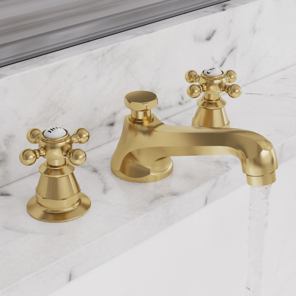 Classic Widespread Deck Mount Lavatory Faucets, Satin Gold With Pop-Up Drain