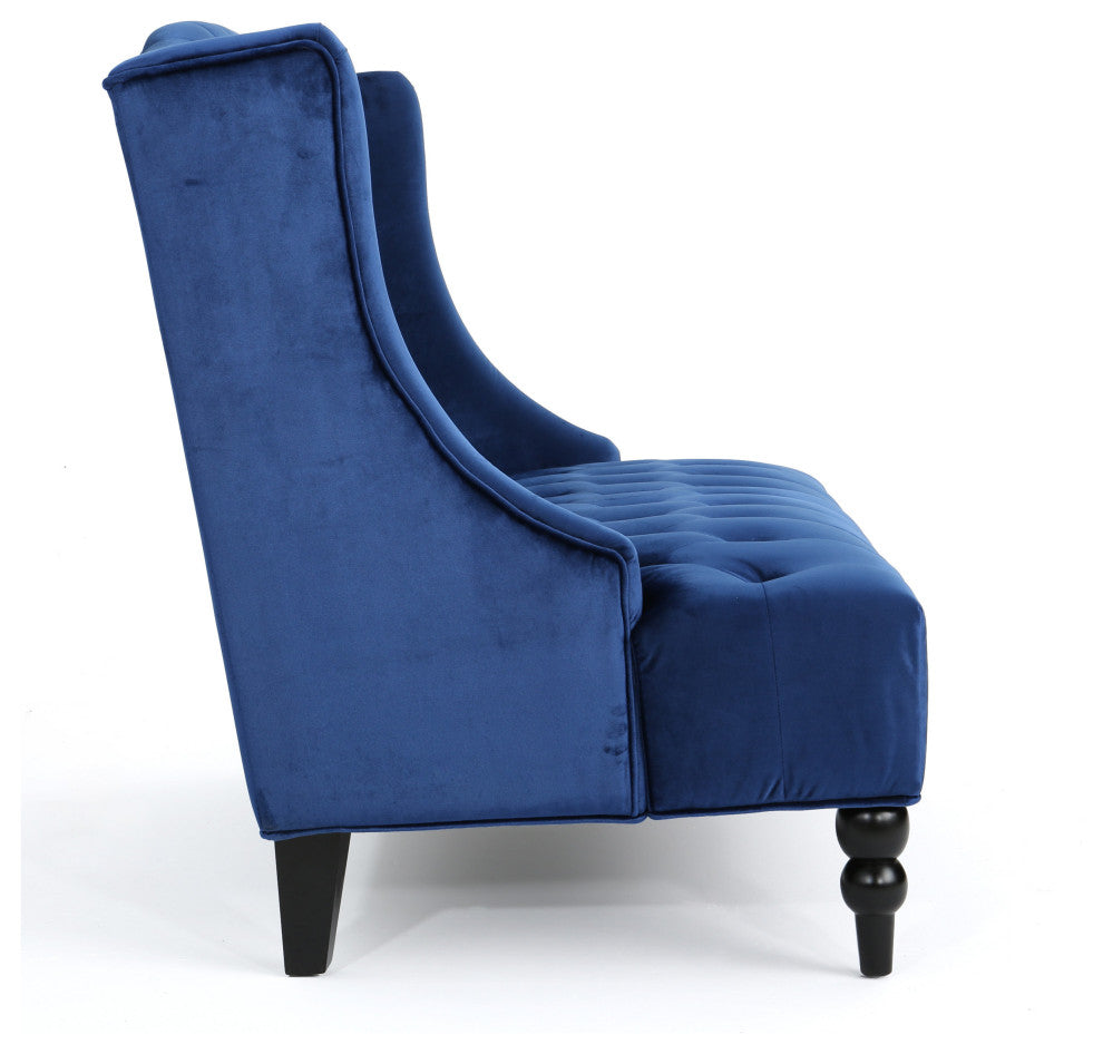 GDF Studio Leona Traditional High Back Tufted Winged Fabric Loveseat, Navy Blue