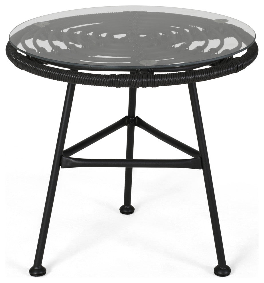Rodney Outdoor Woven Faux Rattan Side Table With Glass Top, Gray, Black Finish