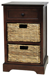 Urban Designs Malibu 3-Drawer Night Stand With Wicker Baskets, Coffee