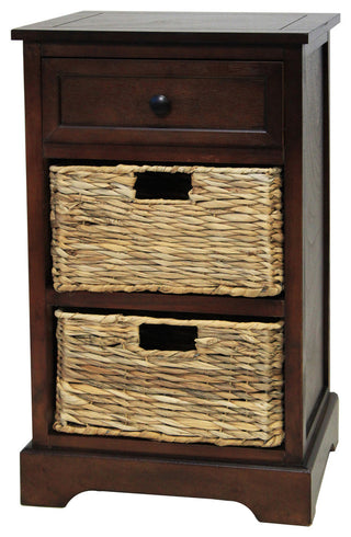 Urban Designs Malibu 3-Drawer Night Stand With Wicker Baskets, Coffee
