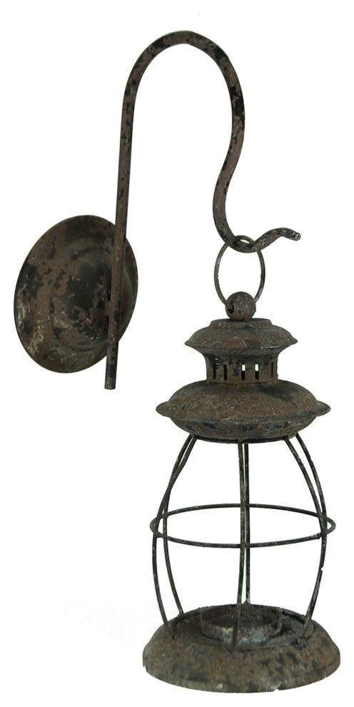 Distressed Metal Wall Mounted Railroad Lantern Hanging Candle Sconce Black