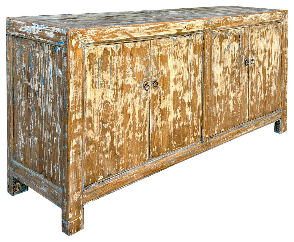Distressed Bleached White Blue Wash Rough Wood Credenza Console Cabinet Hws4340