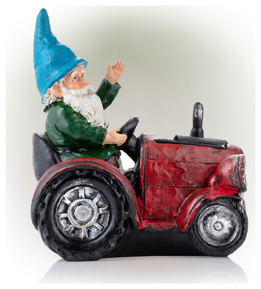 Solar Red Tractor Riding Gnome with Cool White LED Lights