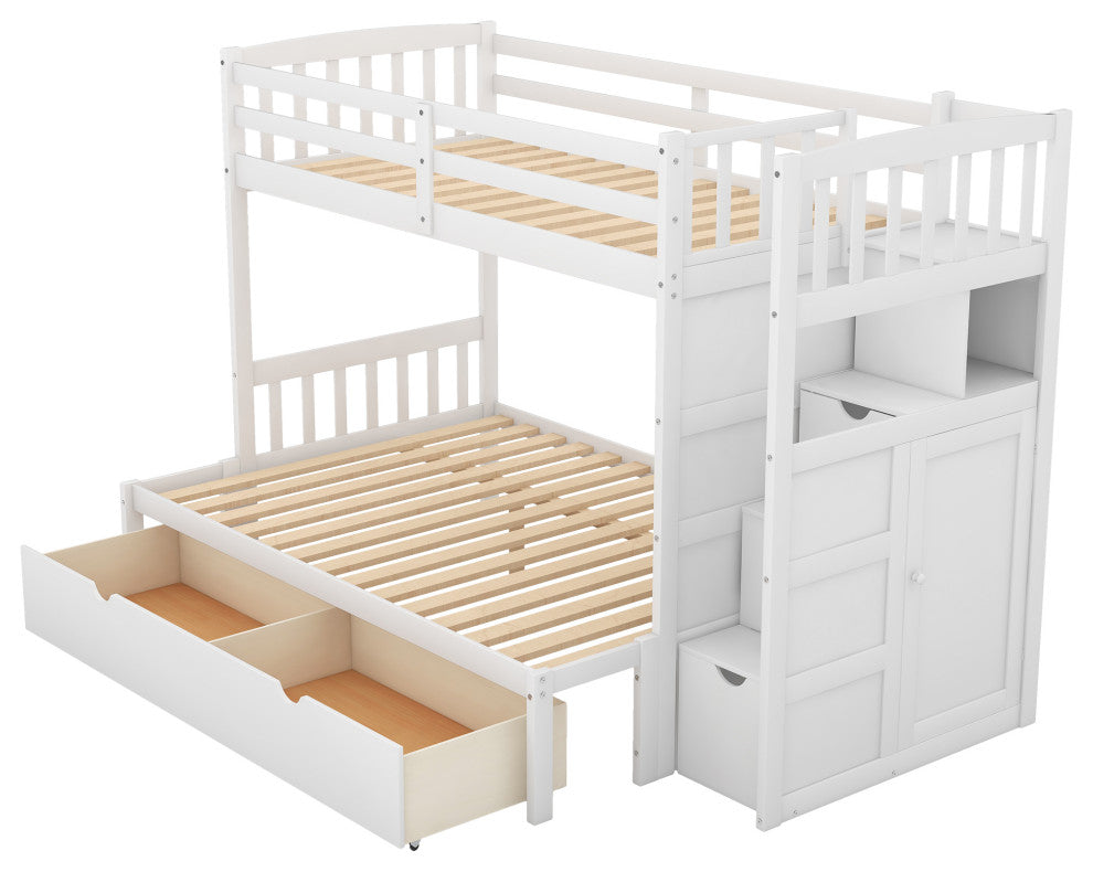 Twin over Full Bunk Bed with Storage Shelves and Drawers, White