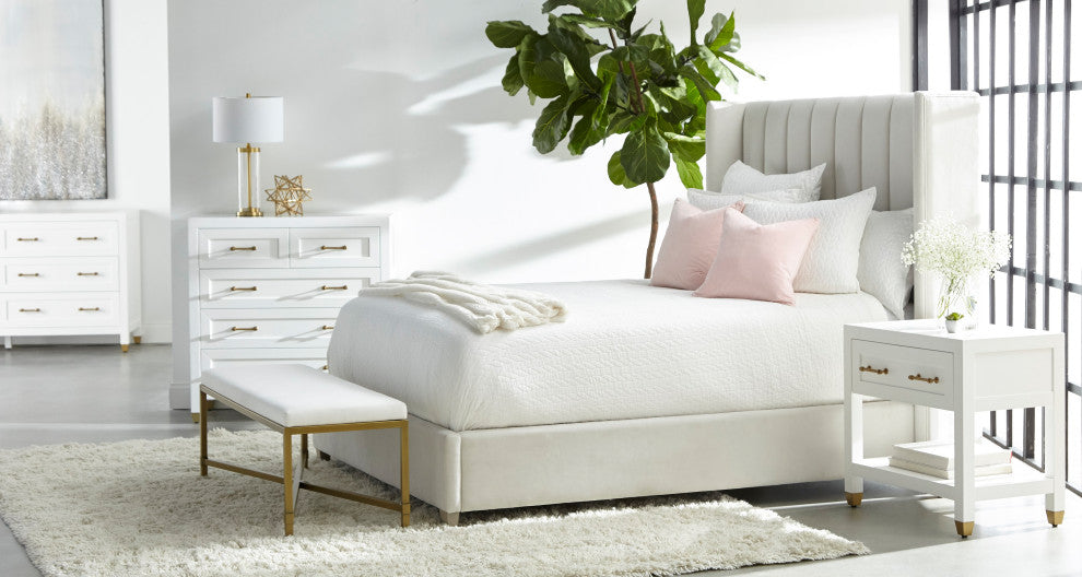 Chandler Bed, Cream Velvet, Natural Gray, Standard King