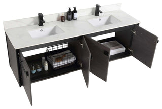Oakville Wall Mount Bathroom Vanity, Black Coal Oak, 72", Black Hardware
