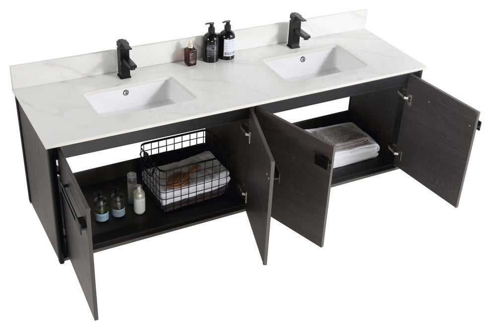Oakville Wall Mount Bathroom Vanity, Black Coal Oak, 72", Black Hardware