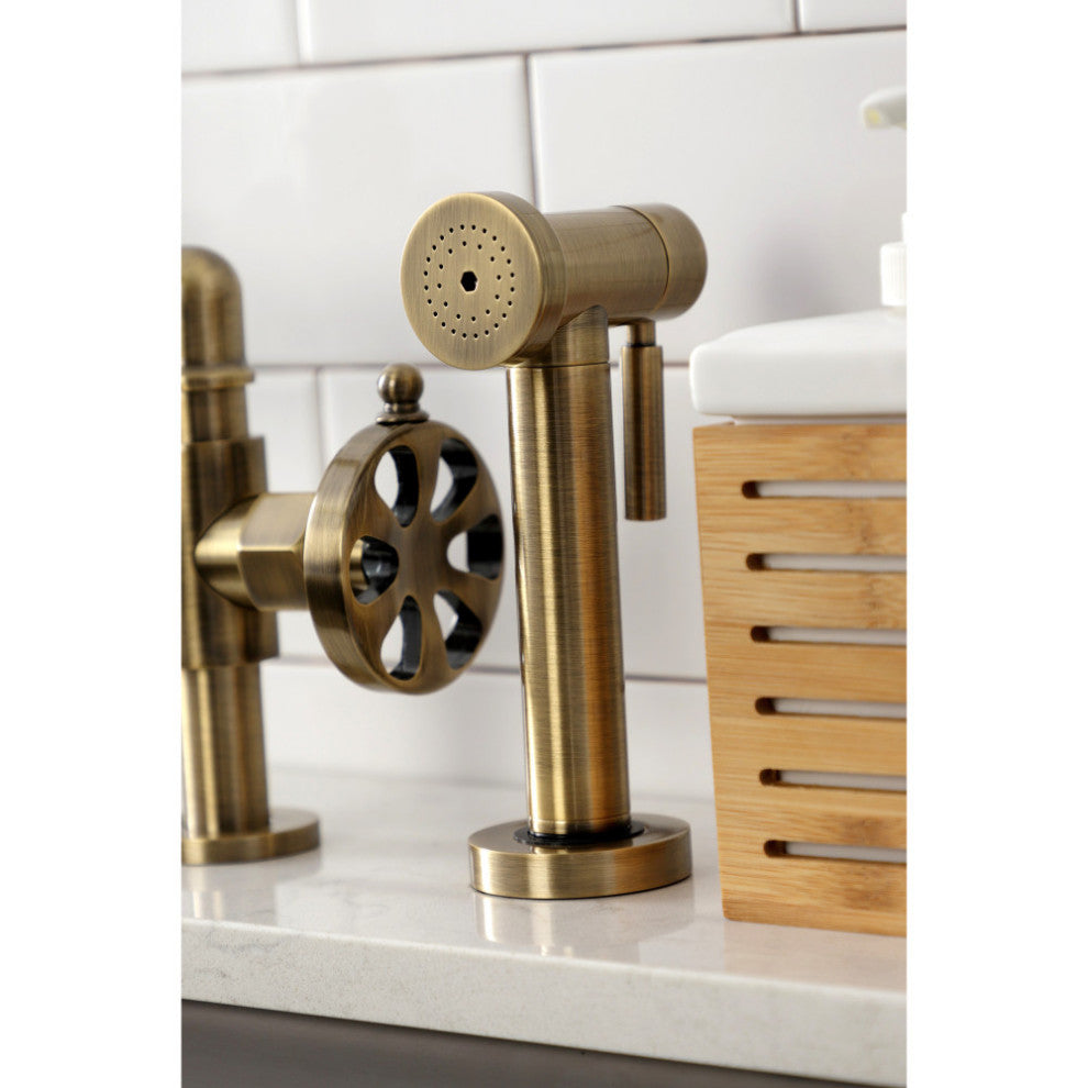 KS2333RX Belknap Bridge Kitchen Faucet With Brass Sprayer, Antique Brass
