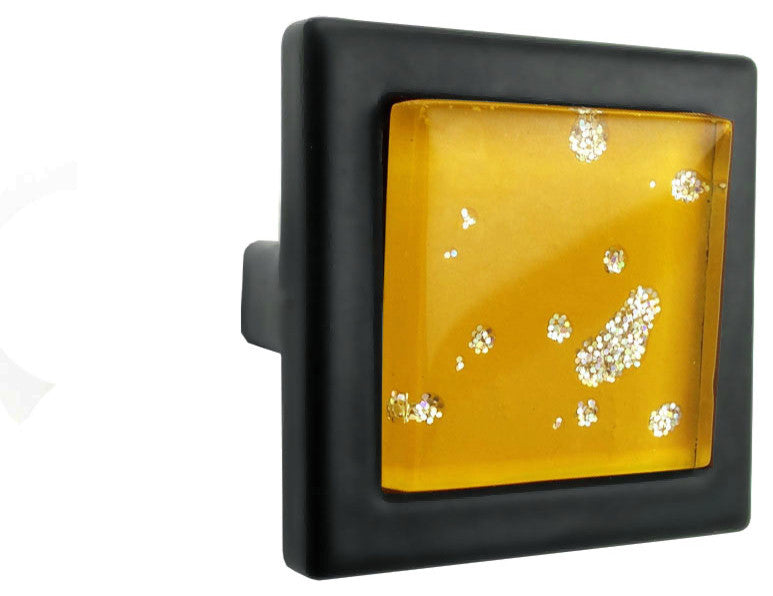 Orange Iridescent Nova Crystal Glass Black Metal Square Manor Knob
