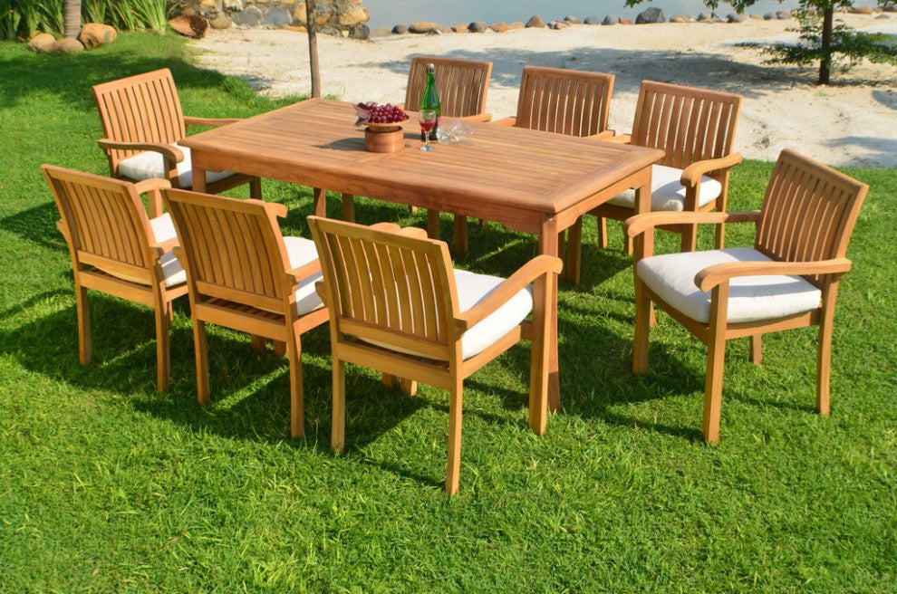 9Piece Outdoor Patio Teak Dining Set, 71" Rectangle Table, 8 Nain Stacking Chair