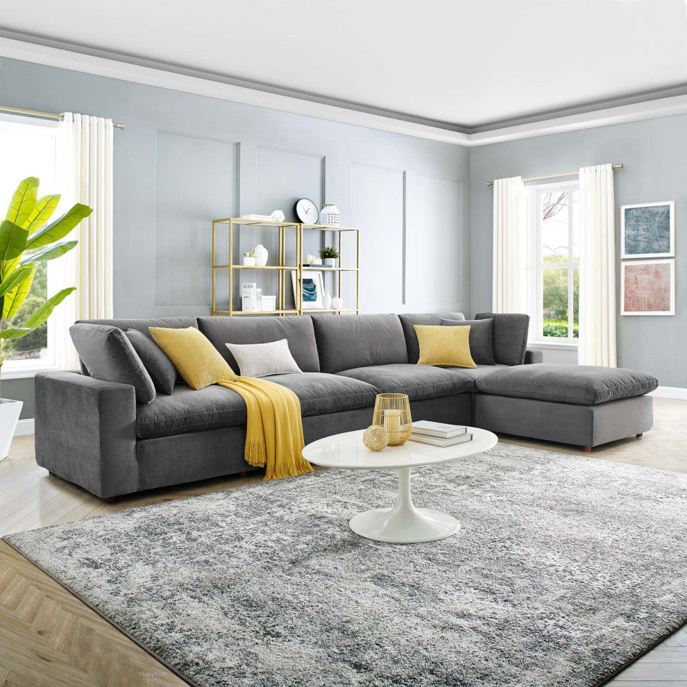 Sectional Sofa Set, Velvet, Gray, Modern, Living Lounge Hotel Hospitality
