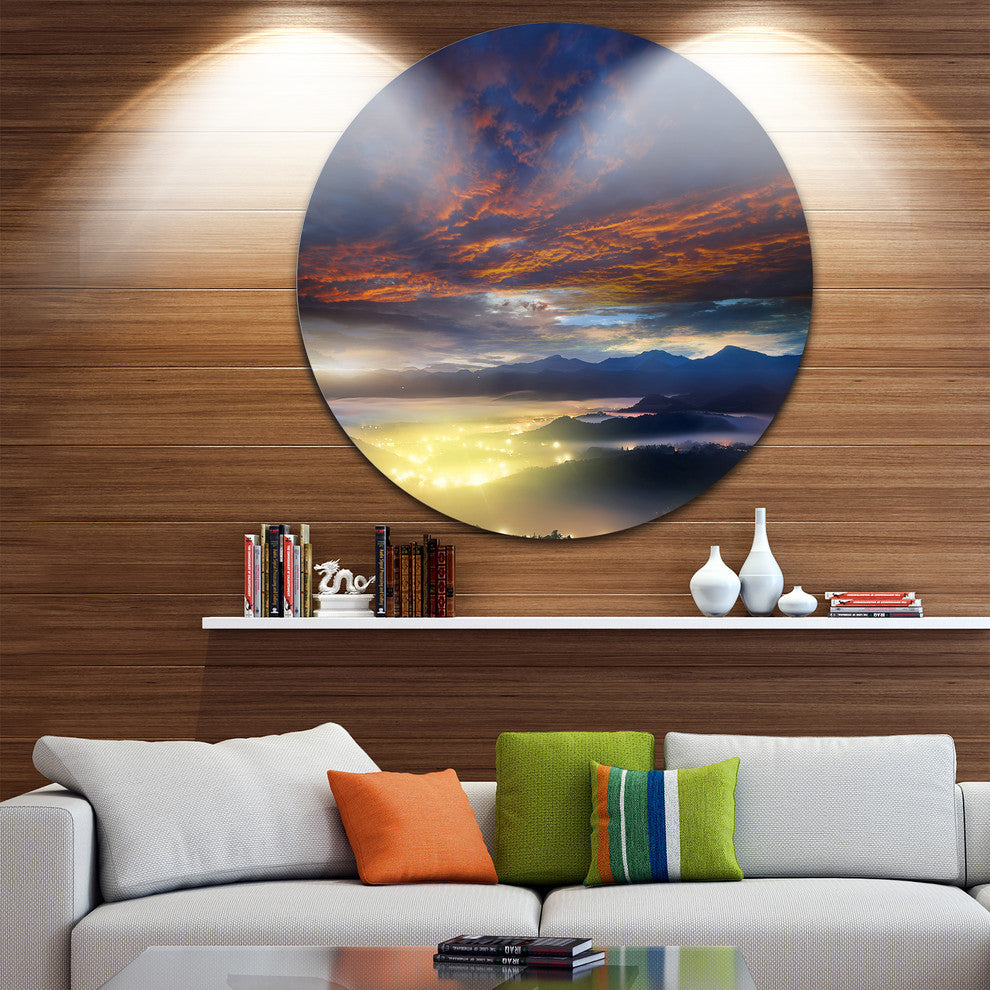 Blue Fiery Overcast At Sunrise, Landscape Photo Disc Metal Artwork, 23"