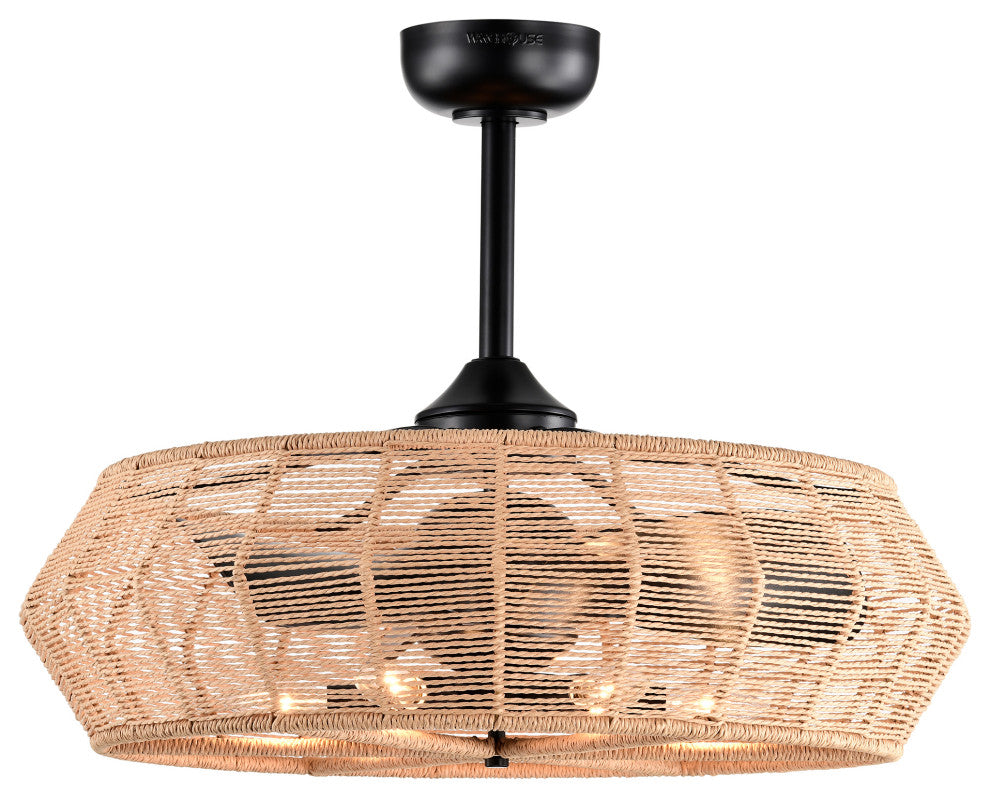 Emma 28" 6-Light Indoor Matte Black and Beige Rattan Ceiling Fan