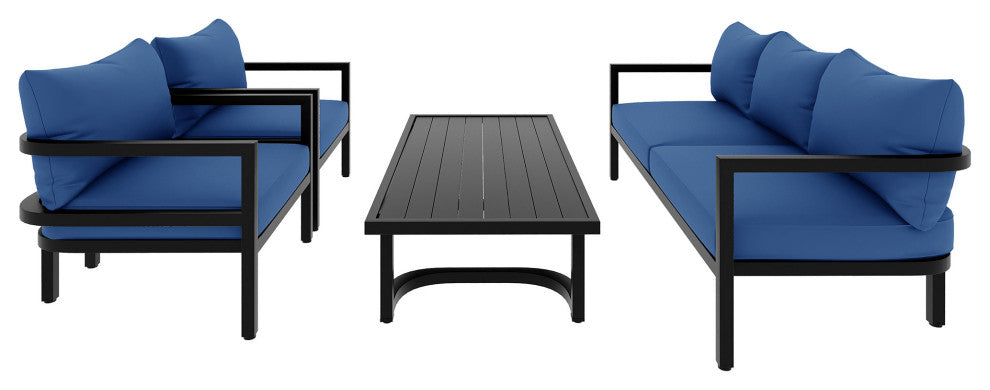 4-Piece Outdoor  Steel Patio Sectional with Table and Cushions, Blue