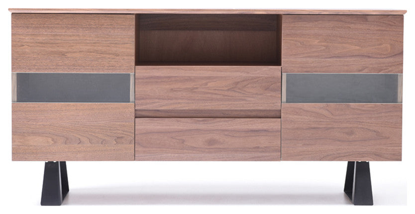 HomeRoots 32" Walnut Veneer Metal and Glass Buffet