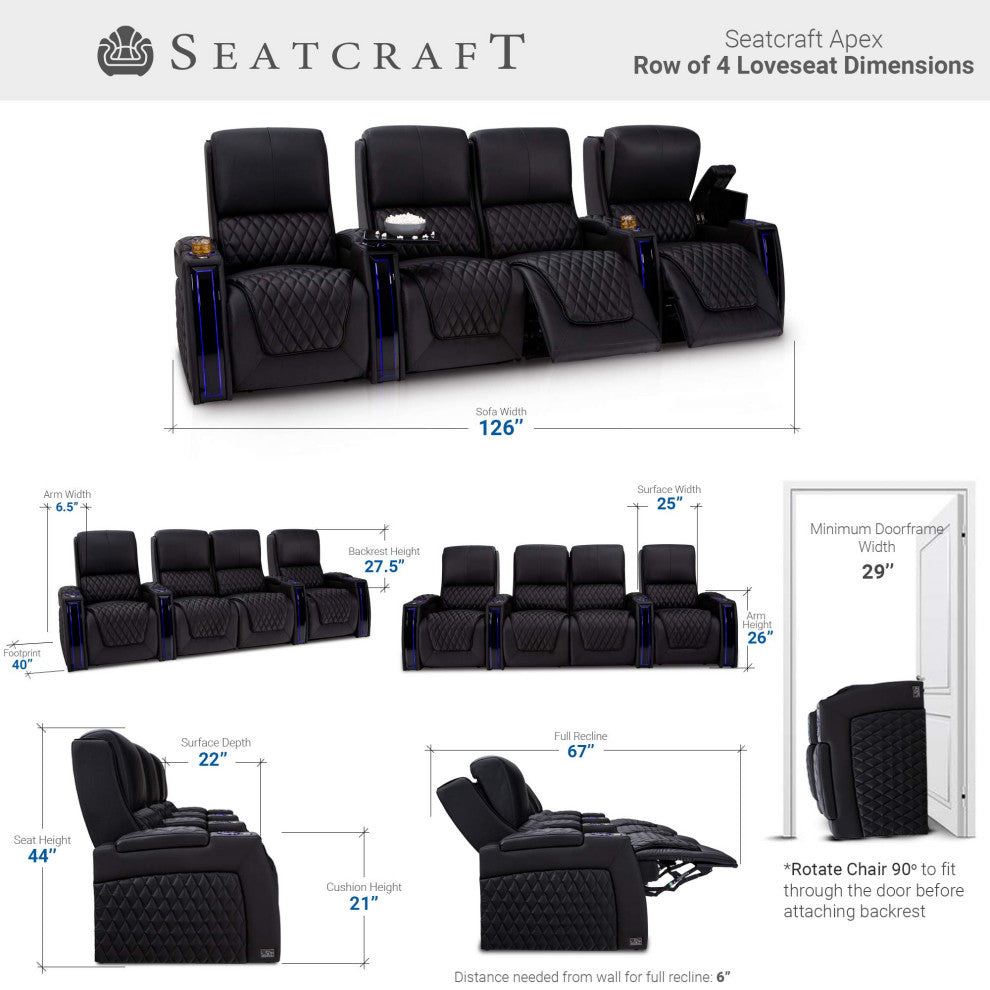 Seatcraft Apex Home Theater Seating, Black, Row of 4 With Loveseat