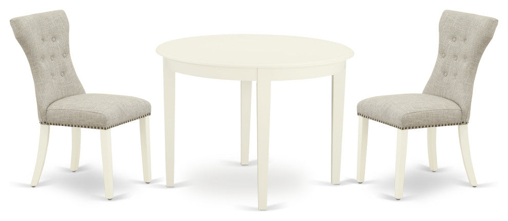3Pc Dinette Set, Round Table, 2 Kitchen Chairs, Linen White