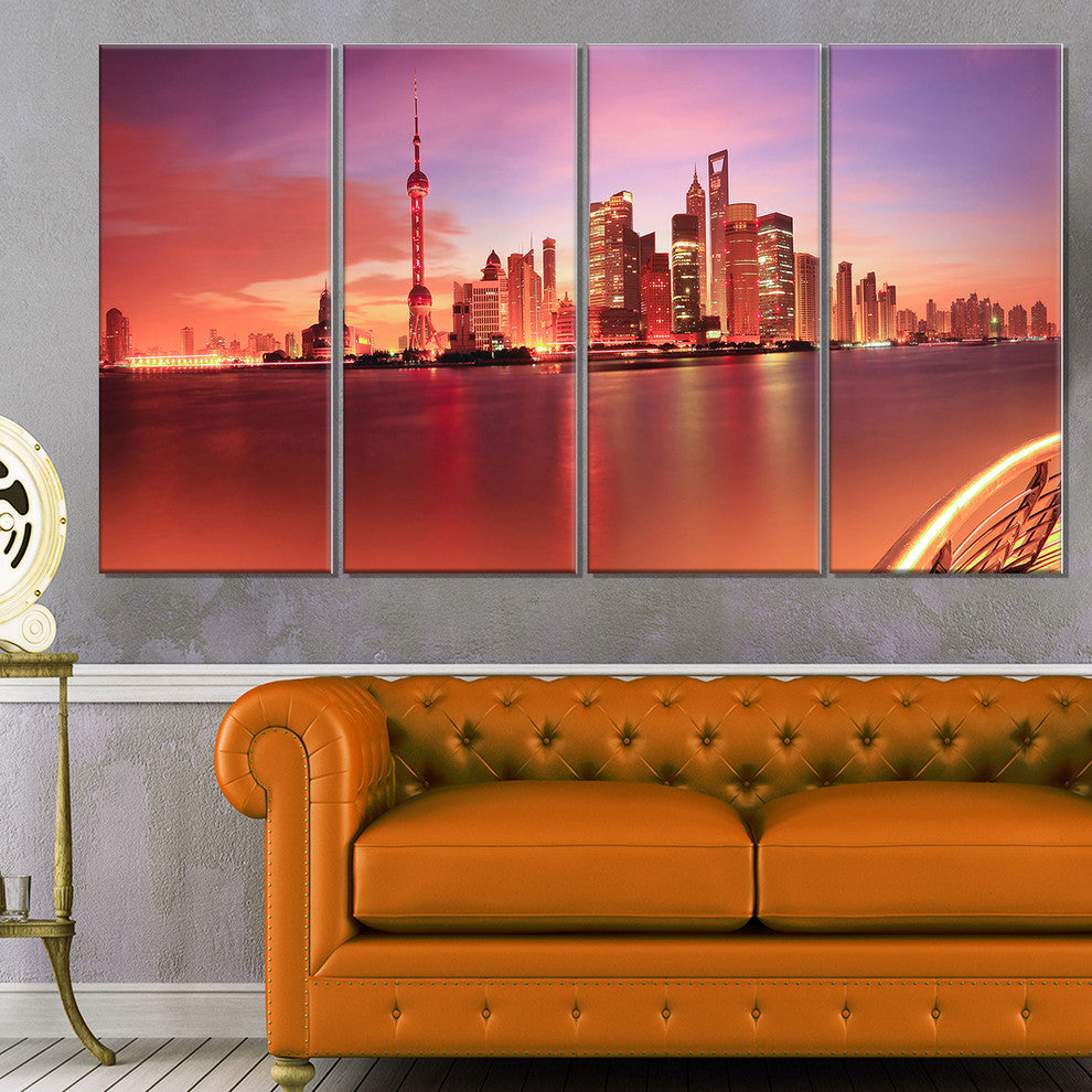 "Shanghai Skyline at Dawn" Panorama Cityscape Canvas Print48"x28", 4-Panels