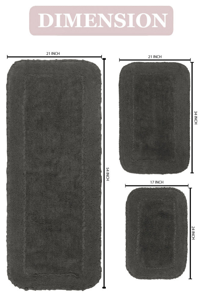 Radiant Collection Bath Rugs Set, 3-Piece Set With Runner, Gray