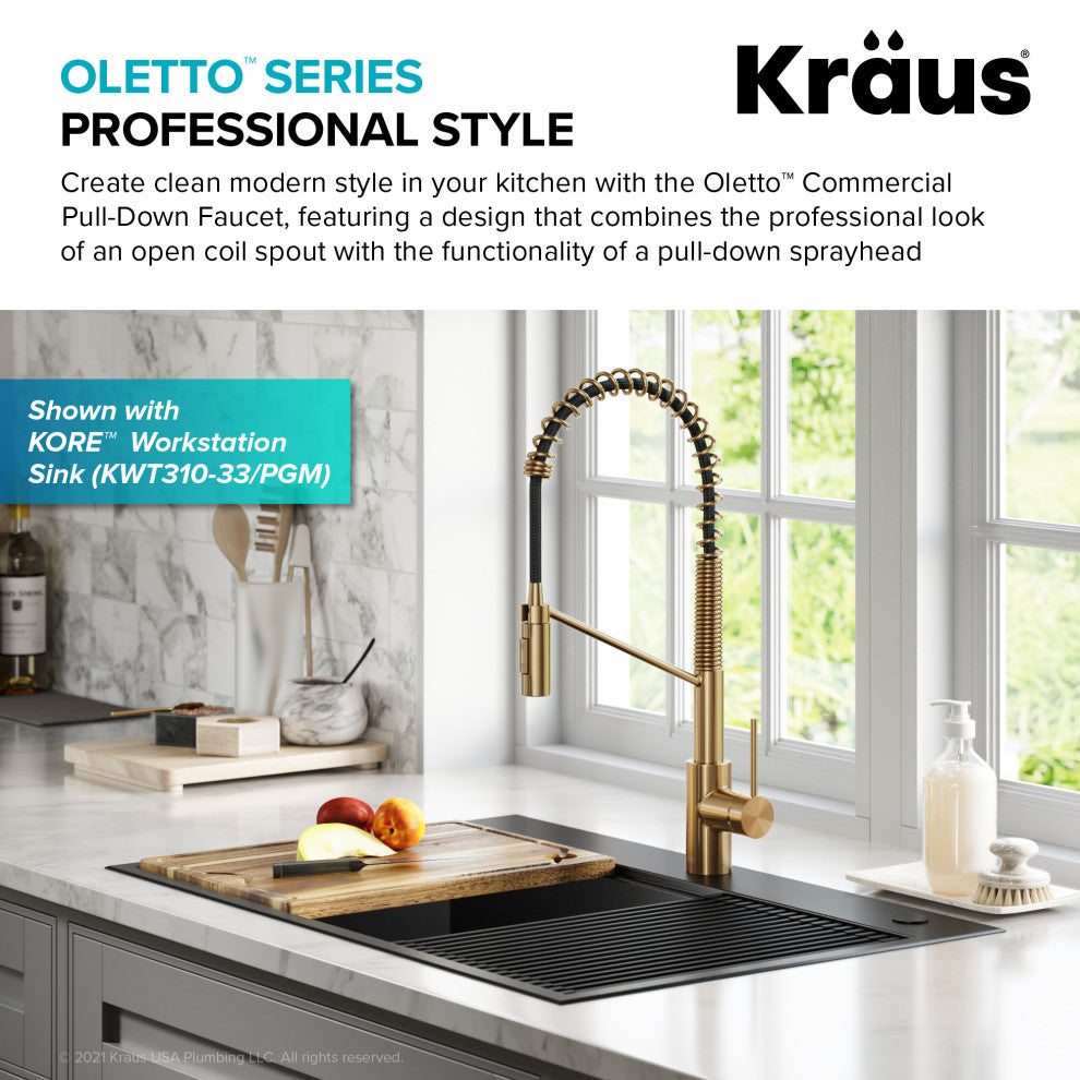 Oletto Commercial Pull-Down 1-Hole Kitchen Faucet, Brass