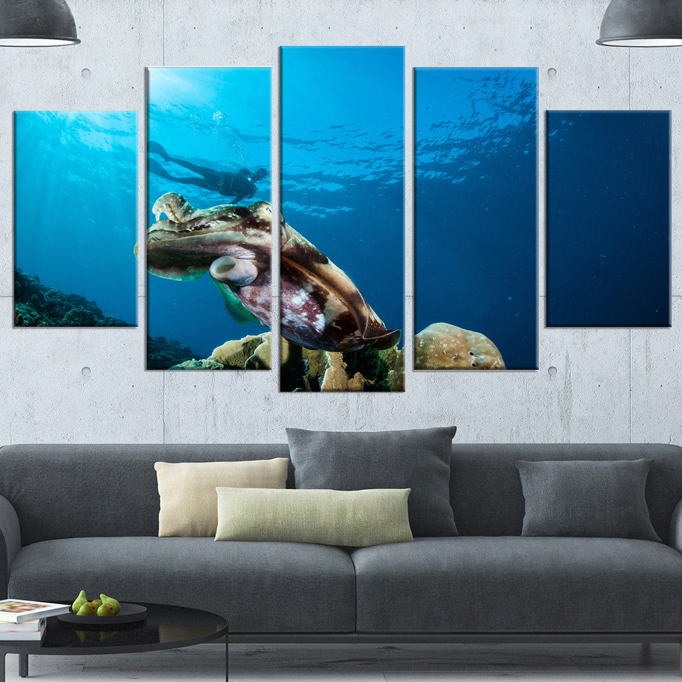 Broadclub Cuttlefish Underwater, Large Seashore Canvas Print, 60"x32", 5 Panels