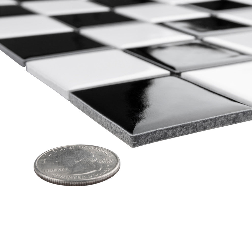 Metro Quad Checkerboard Glossy Black and White Porcelain Floor and Wall Tile