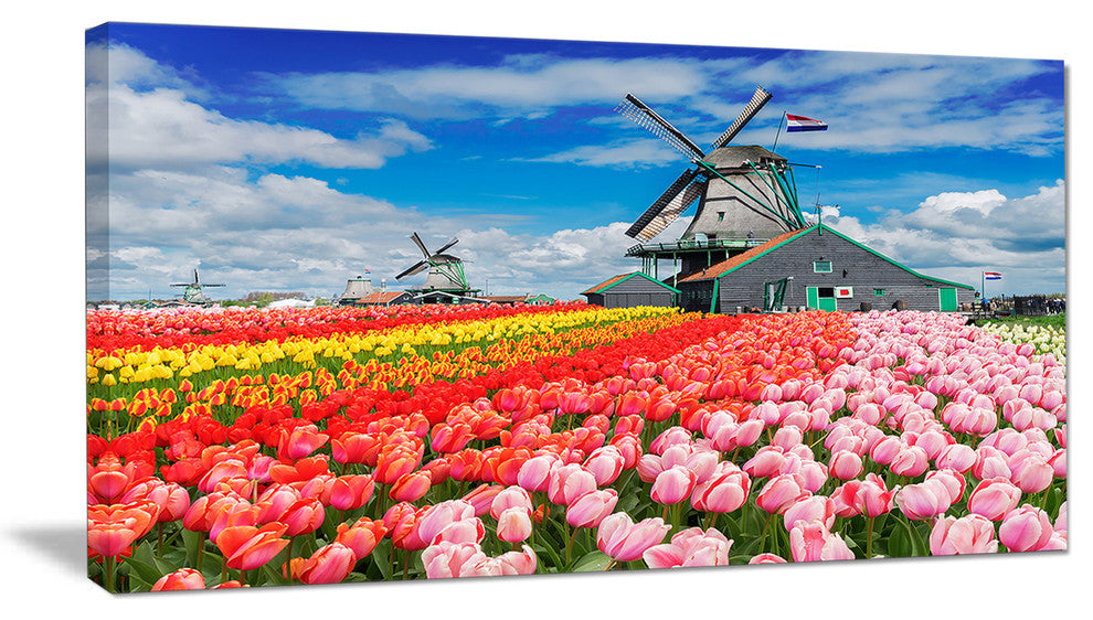 Dutch Windmills and Garden, Abstract Canvas Wall Art, 32x16