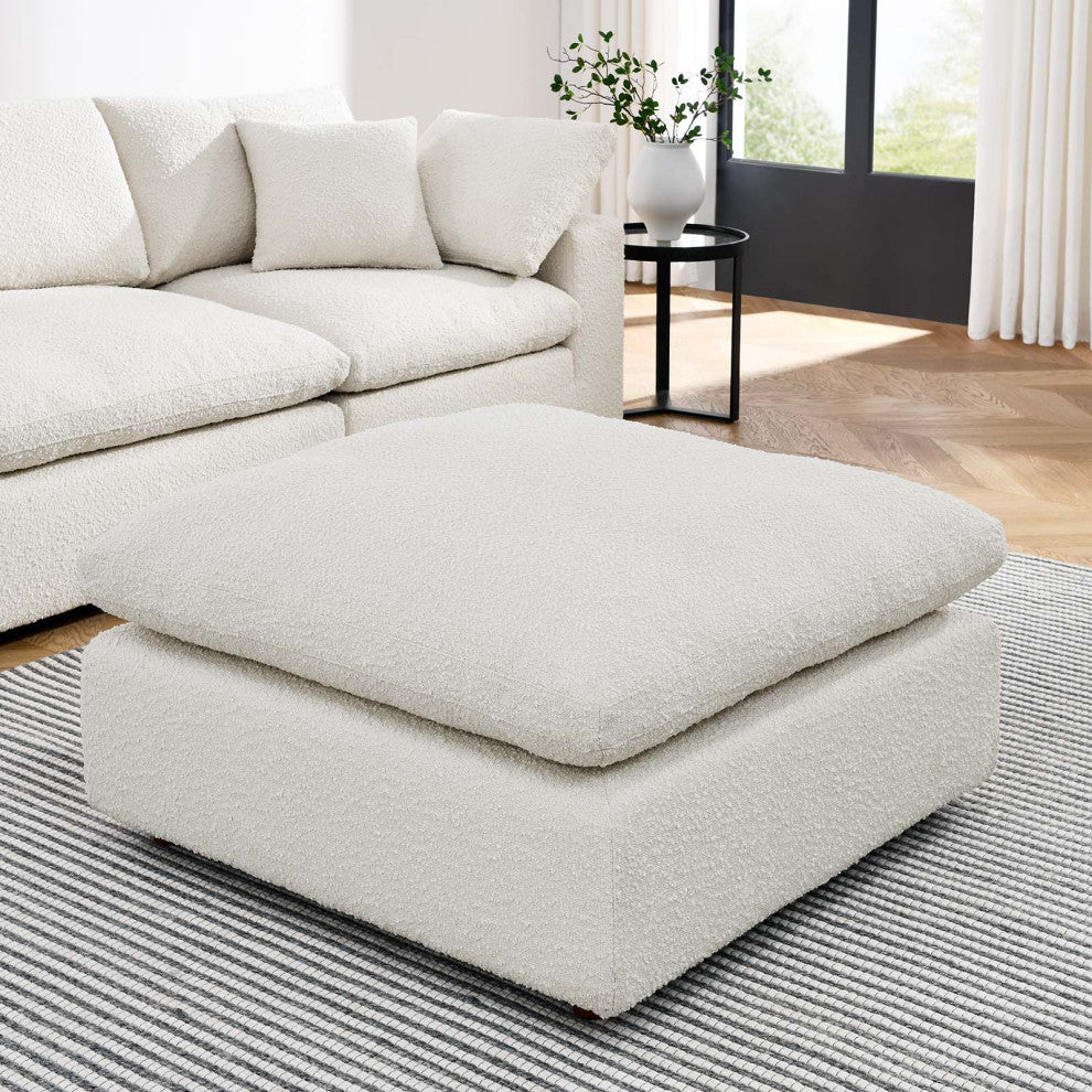 Commix Down Filled Overstuffed Boucle Fabric Ottoman, Ivory