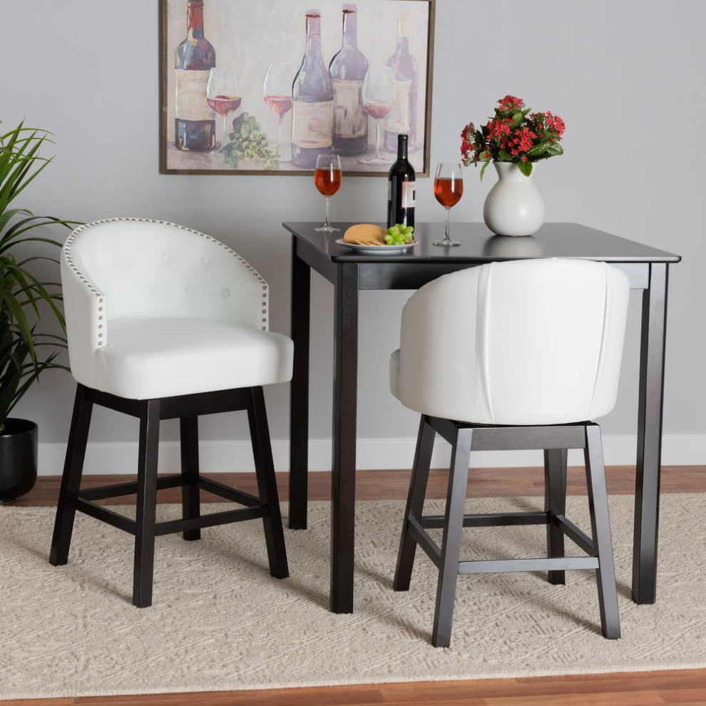 White Faux Leather & Espresso Brown Finished Wood 2-Pcs Swivel Counter Stool Set