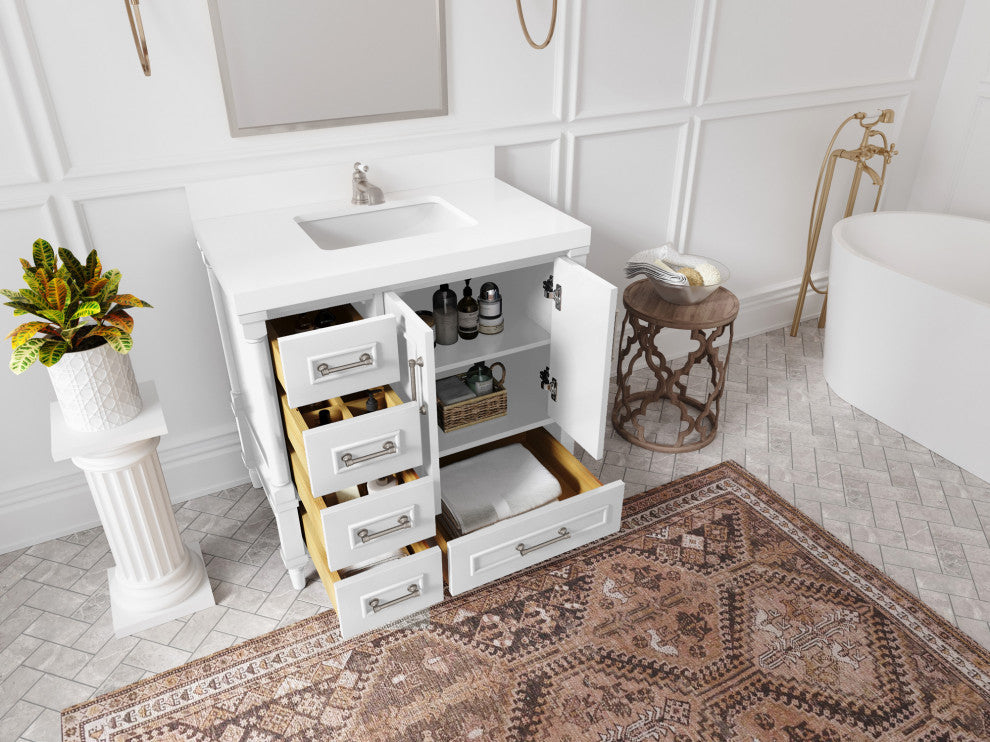 Aberdeen 36 Center Sink Bath Vanity in White 1.5" Empira Quartz