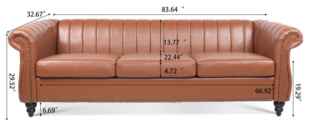 83" Faux leather Rolled Arm Sofa with Nailhead Trim, Brown, 83'' X 33''