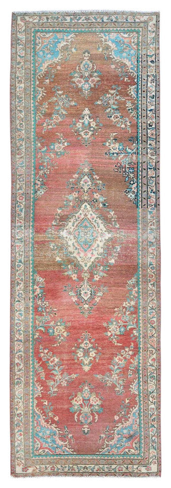 Tomato Red Hand Knotted Old Persian Bibikabad Pure Wool Runner Rug, 3'9"x12'3"