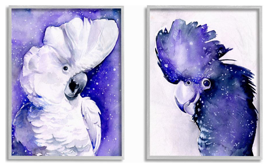 Space Birds Purple Watercolor Animal Painting 2-Piece Set, 11"x14", Grey Framed