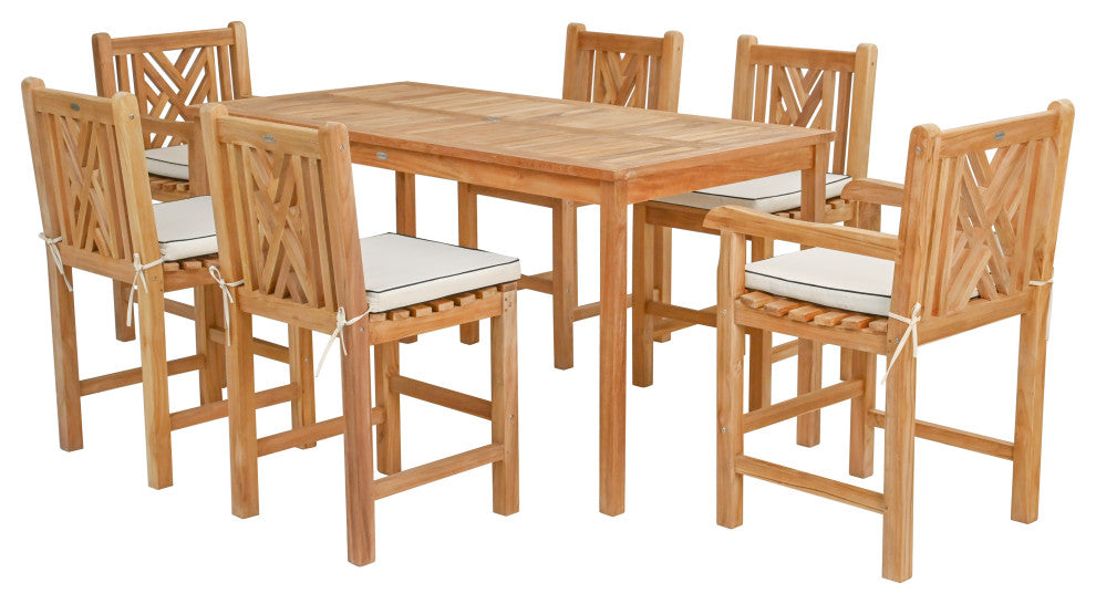 7 Piece Teak Chippendale 71" Rect Bistro Counter Set, 2 Arm and 4 Side Stools