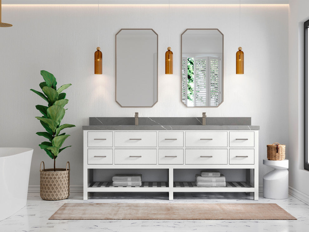 Parker 84 Double Sink Bath Vanity in White 2" Piatra Gray