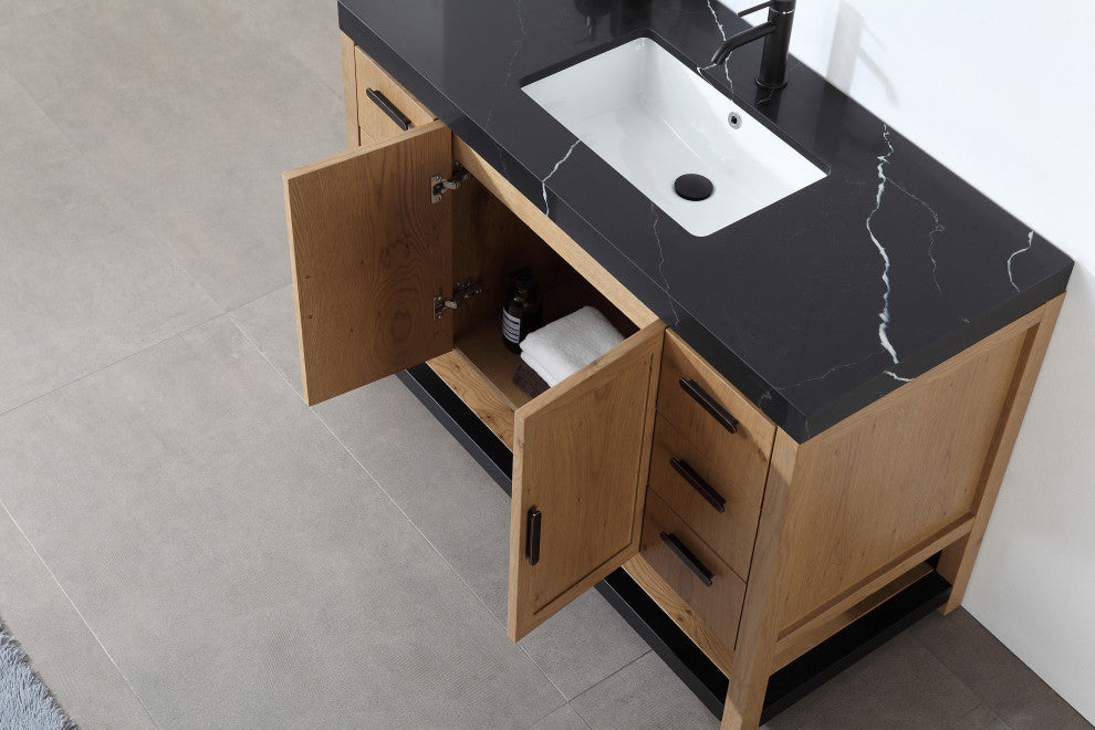 WINCHESTER Freestanding Modern Bathroom Vanity, Pecan Oak, 48", Black Countertop