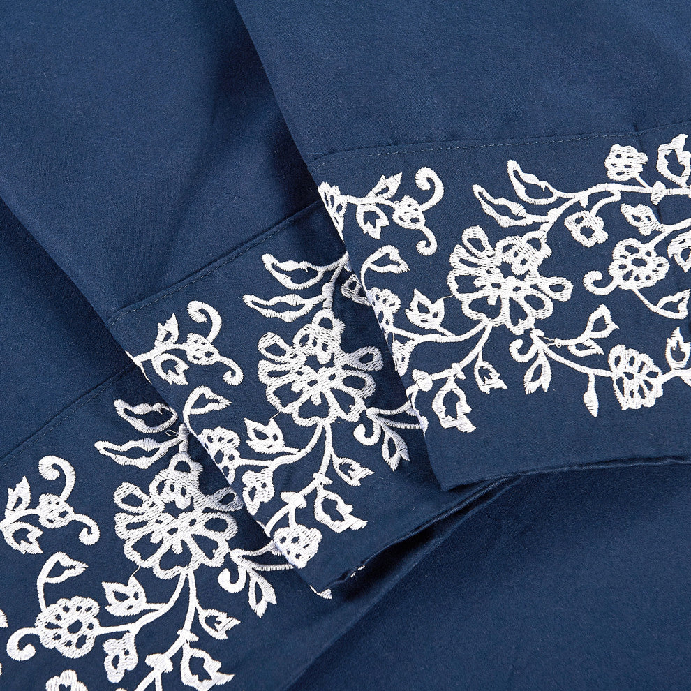 Serenta Lei Embroidered 4 Piece Bed Sheet Set, Navy Blue, King