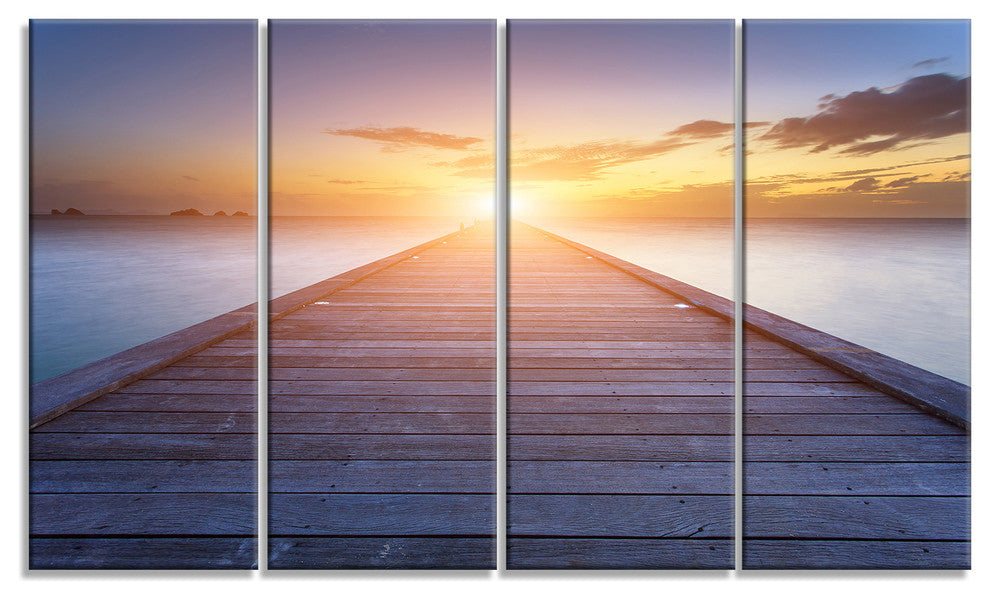 "Wooden Pier To Bright Evening Sun" Sea Bridge Wall Artwork, 4 Panels, 48"x28"